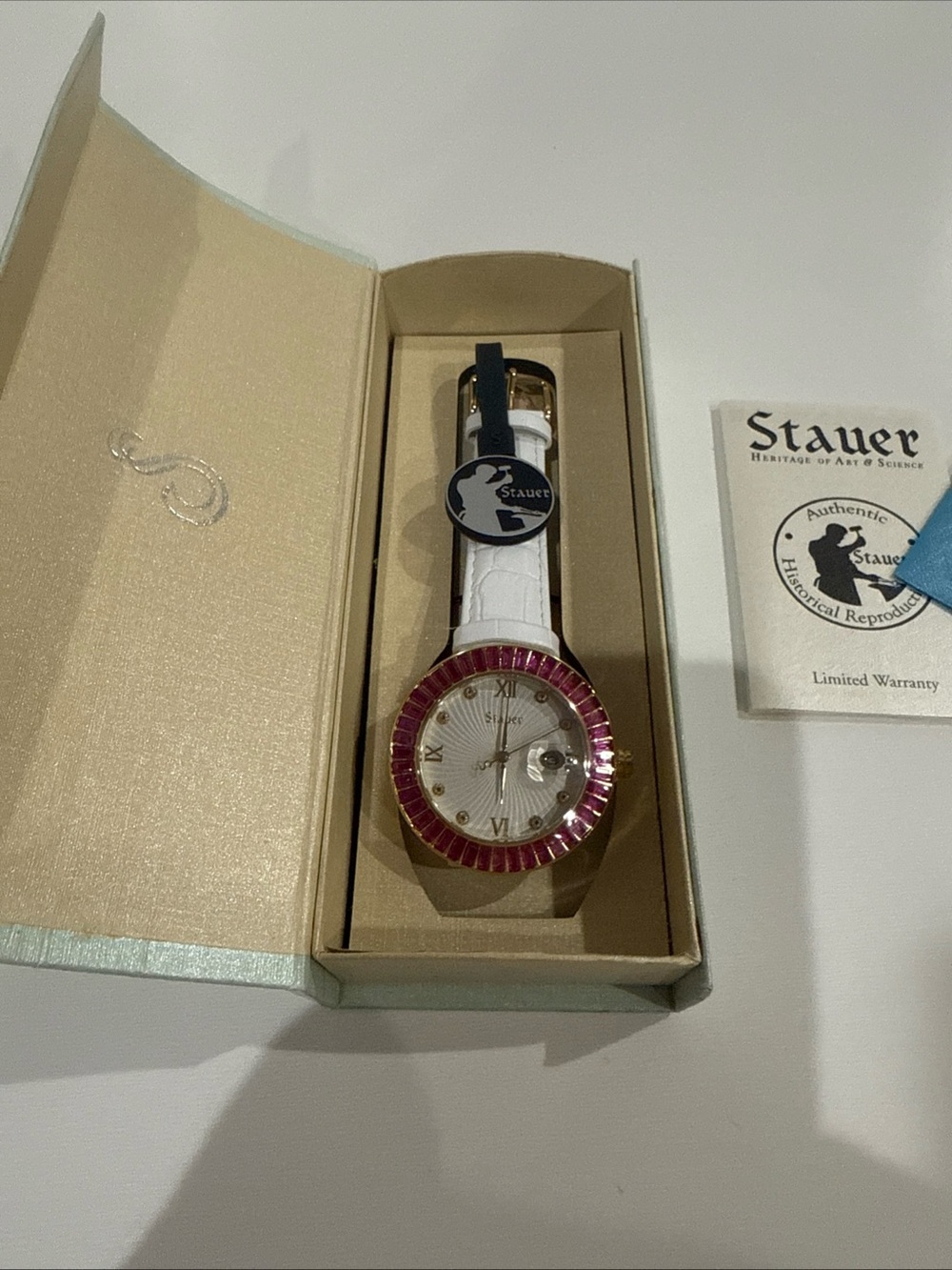 Stauer Womens Pink Baguette Accent Round White Leather Band Watch